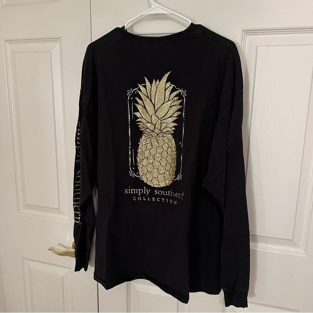 Simply Southern Black Long Sleeve T-Shirt with Gold Pineapple Design